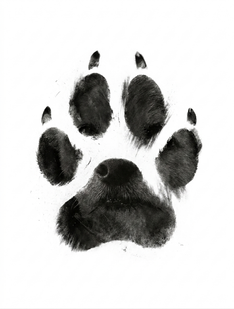 A black and white artistic image of a single animal paw print, where the texture inside the pad resembles the details of an animal's nose.